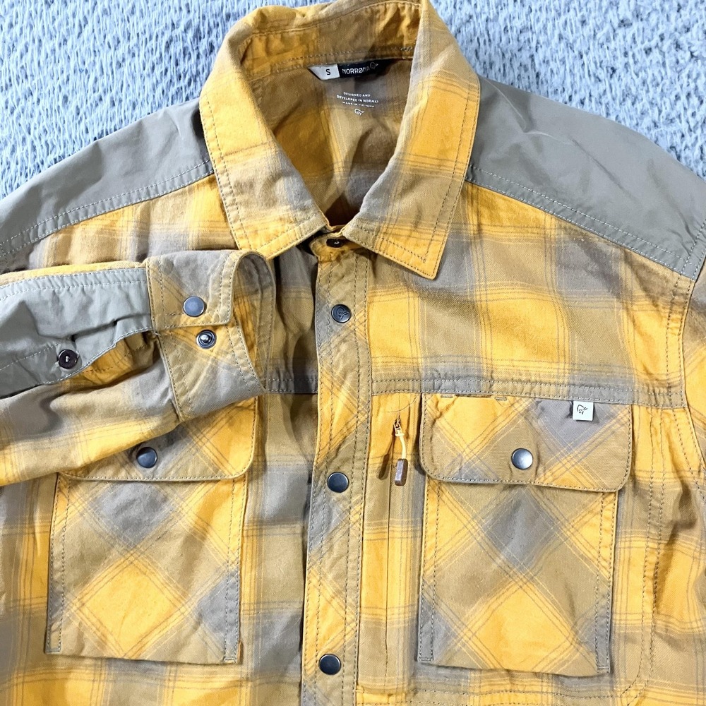 Norrøna Svalbard Flannel Shirt Mens Small Yellow Crush Plaid Snap Front Hiking‎